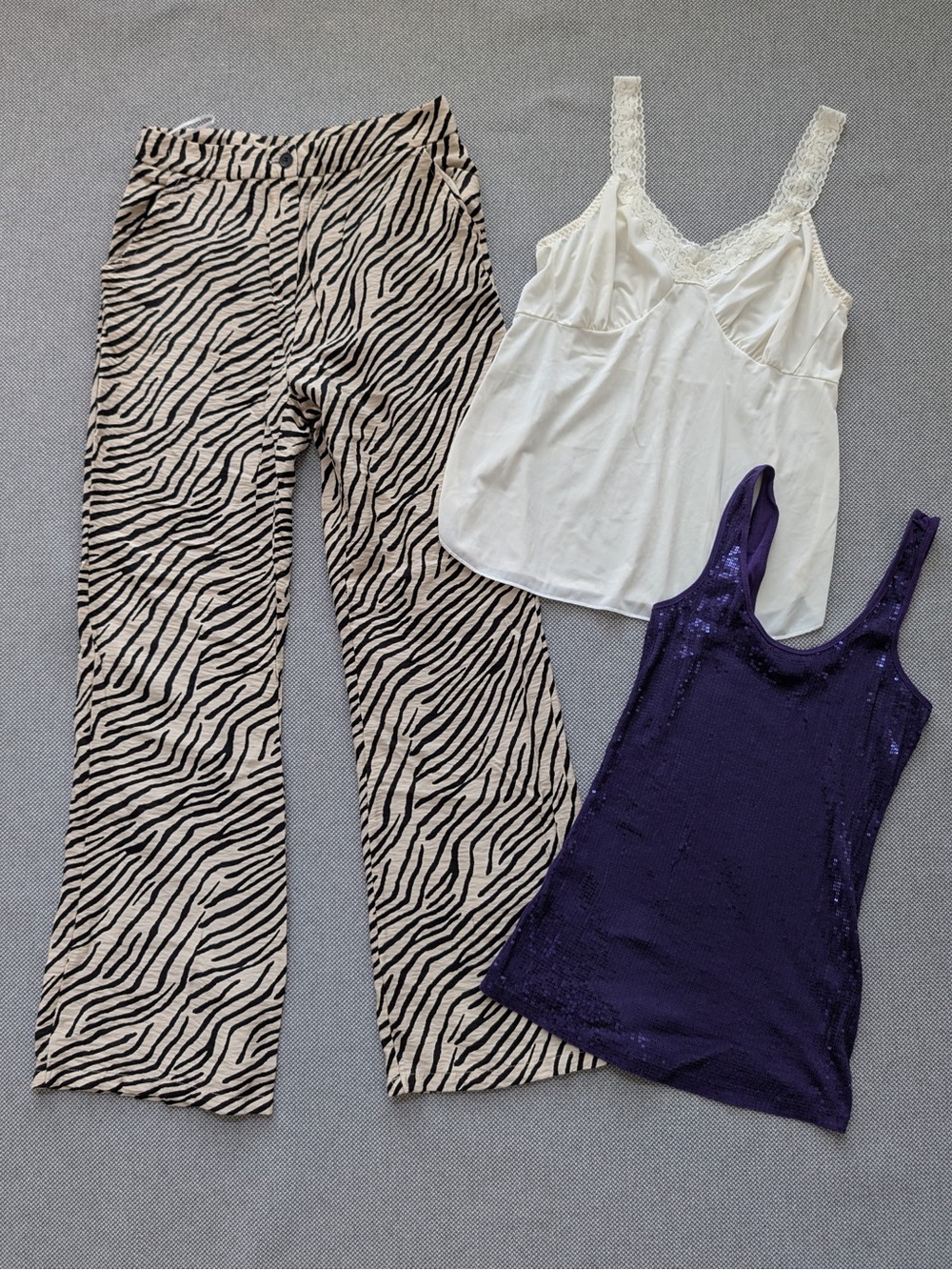Sincerly Jules White Lace Cami, Purple Sequin Tank & Zebra Sleep Pants S/M